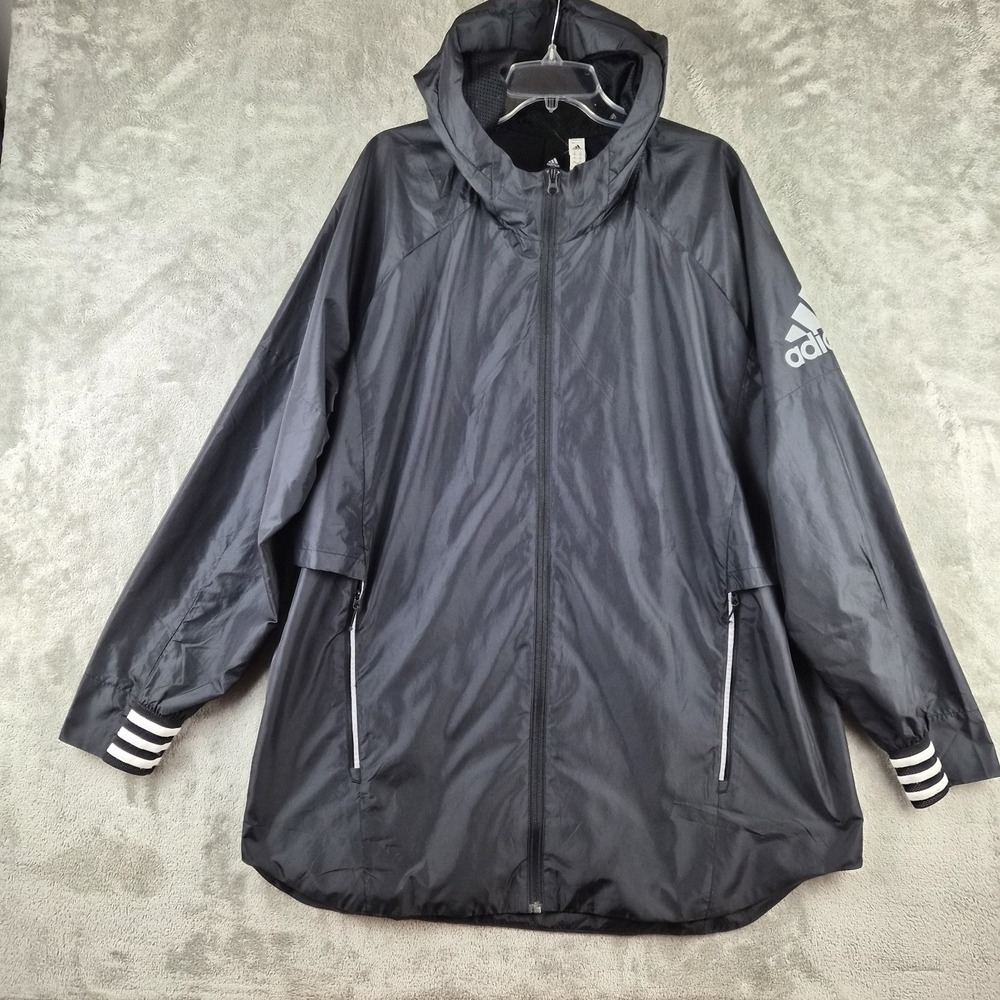 Adidas Windbreaker‎ Training Jacket Mens 2XL Black Hooded Full Zip Mesh Lined